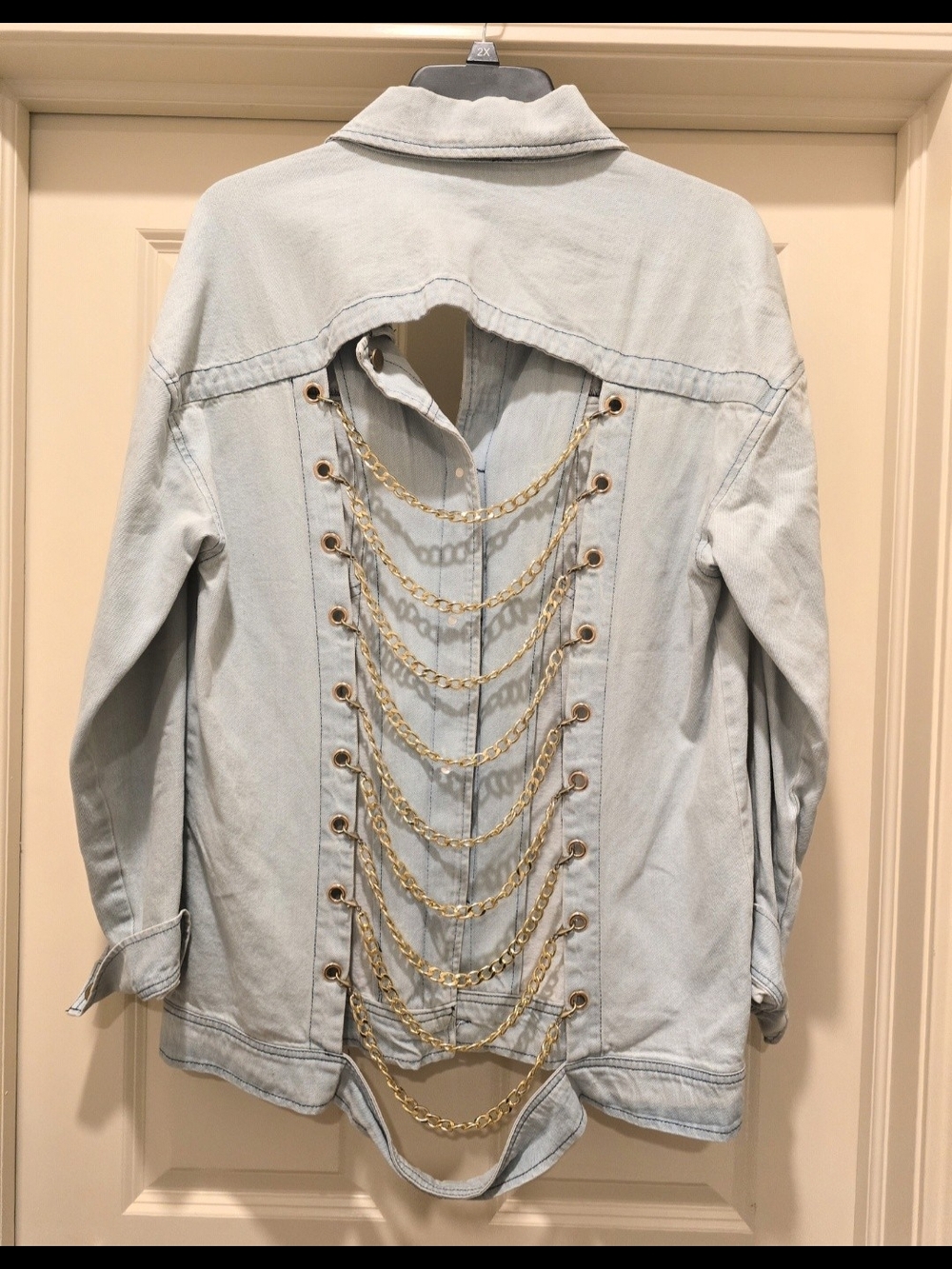 Light Wash Denim Jacket with Gold Chain Back Detail